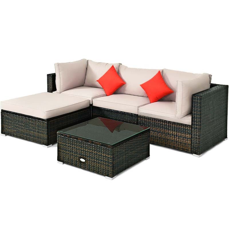 5 Pcs Outdoor Patio Rattan Furniture Sectional Sofa Set Wicker Conversation Set with Cushions