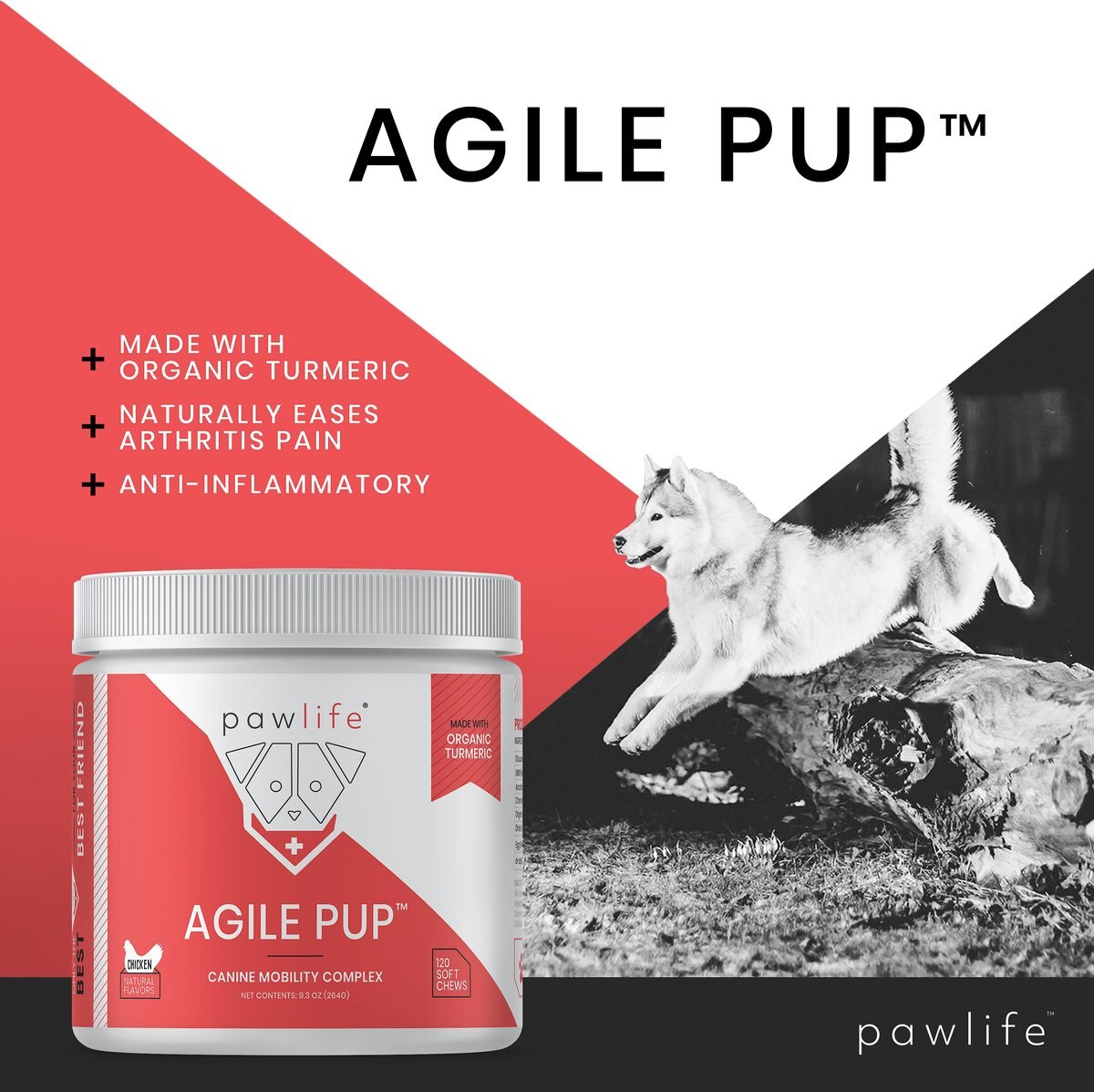 Pawlife Agile Pup Canine Mobility Complex Chicken Flavor Soft Chews Dog Supplement， 120 count