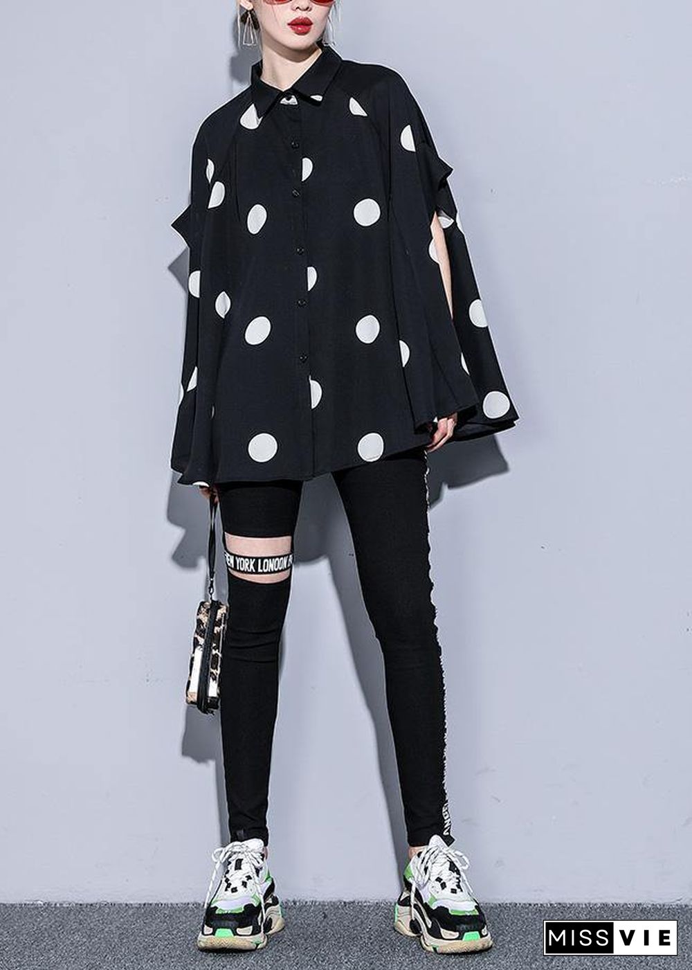 Mu black dotted chiffon clothes For Women 18th Century Catwalk lapel Art Summer Dress