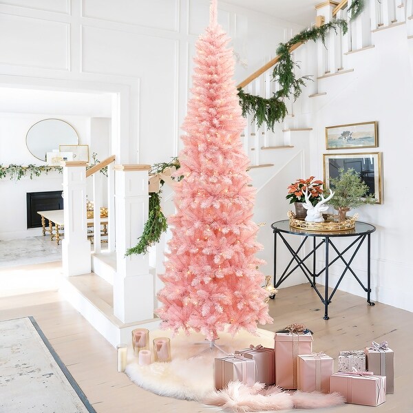 7Ft PreLit Pink Slim Hinged Artificial Christmas Tree with 8 Lighting Modes