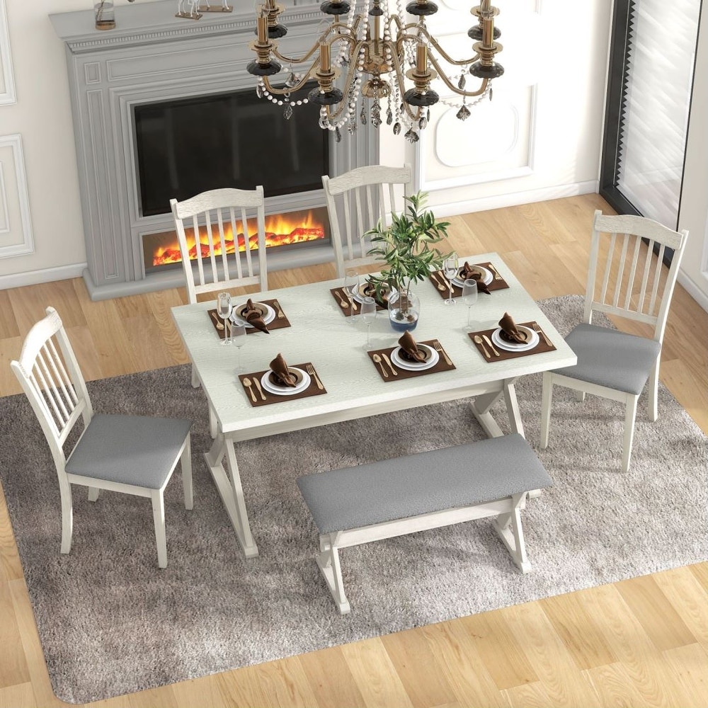 6 Piece Rustic Dining Set Trestle Table and 4 Upholstered Chairs   1 Bench