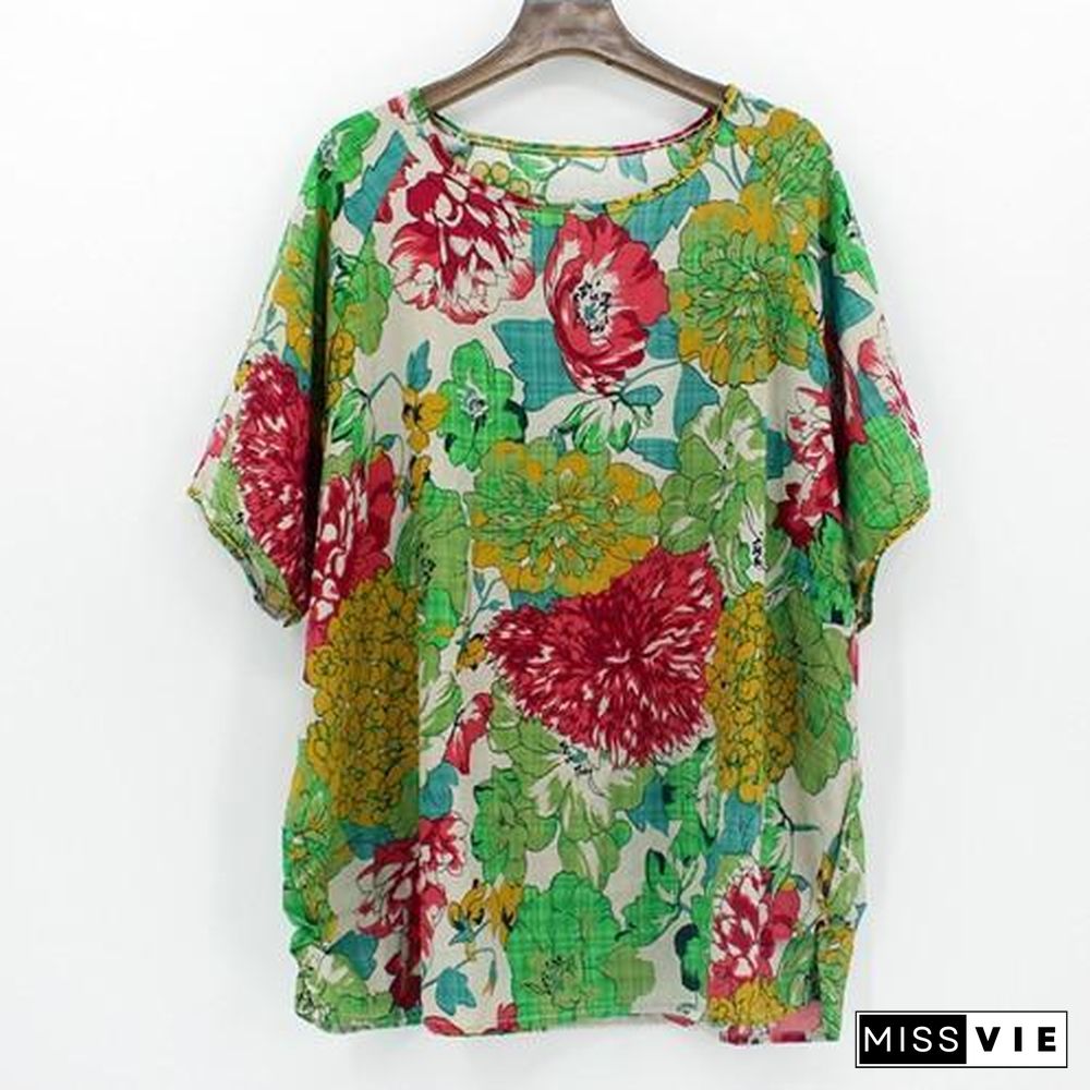 4XL Plus Size Women Batwing Casual Tops Tees Floral Print Cotton Linen Blouses