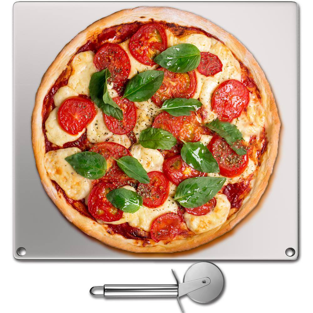 VEVOR Steel Pizza Plate 14 in. x 14 in. x 0.4 in. High-Performance Square Pizza Pan with Wheel Cutter for Grill Silver PSGBBZK3636CM7K4KV0