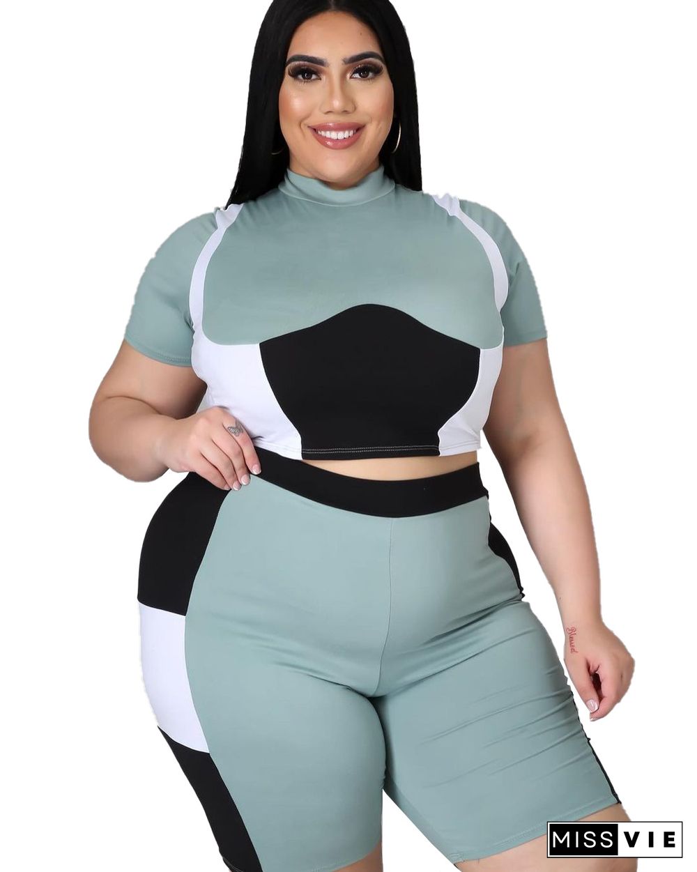 Women Plus Size Set Patchwork Short Sleeve Crop Tops Stretchy Shorts Tracksuit Summer Two Piece Outfits