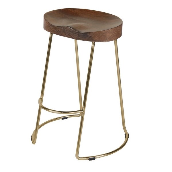 Farmhouse Counter Height Barstool with Wooden Saddle Seat and Tubular Frame， Small