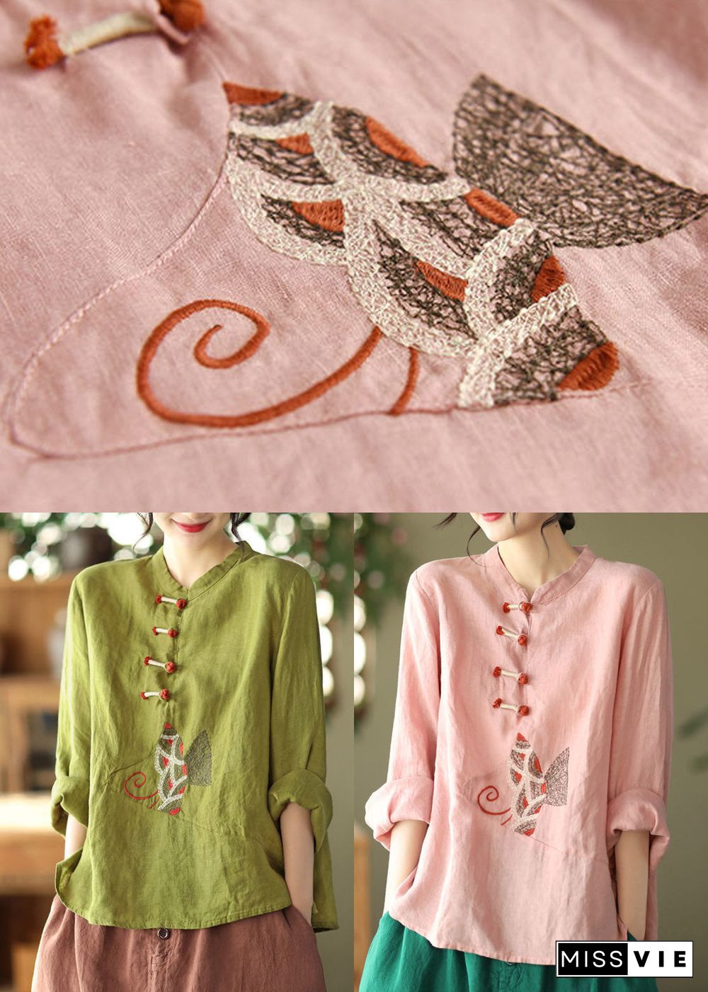 Plus Size Pink O-Neck Embroideried Linen Top Long Sleeve