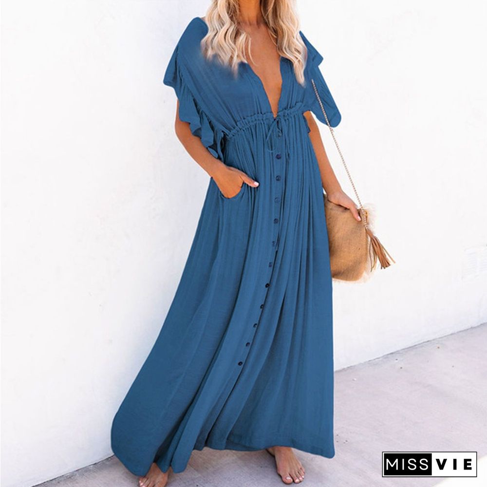 Woman Bohemian Boho Fashion Elegant Sexy V Neck Bikini Cover-ups Long White Tunic Casual Summer BeachDress Elegant Women BeachWear Swim Suit Cover Up Loose Maxi Pregnant Maternity Dresses Plus Size