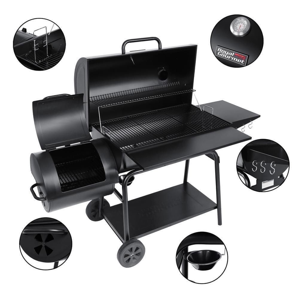 Royal Gourmet Charcoal Barrel Grill with Offset Smoker in Black