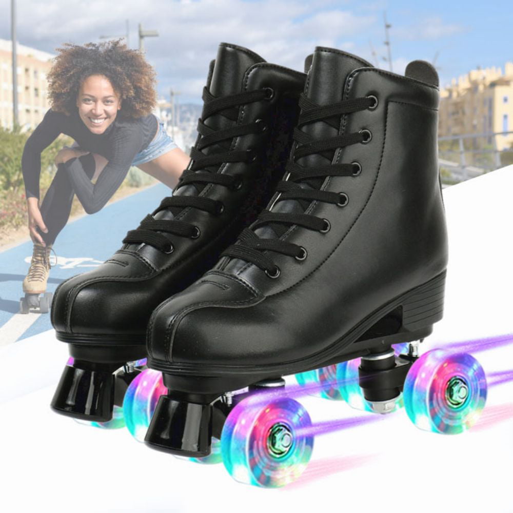 Adult Roller Skates Classic Roller Skates for Men Solid Color Double-Row Shiny Quad Skates for Youth Adult and Beginner， Black， Male， 7