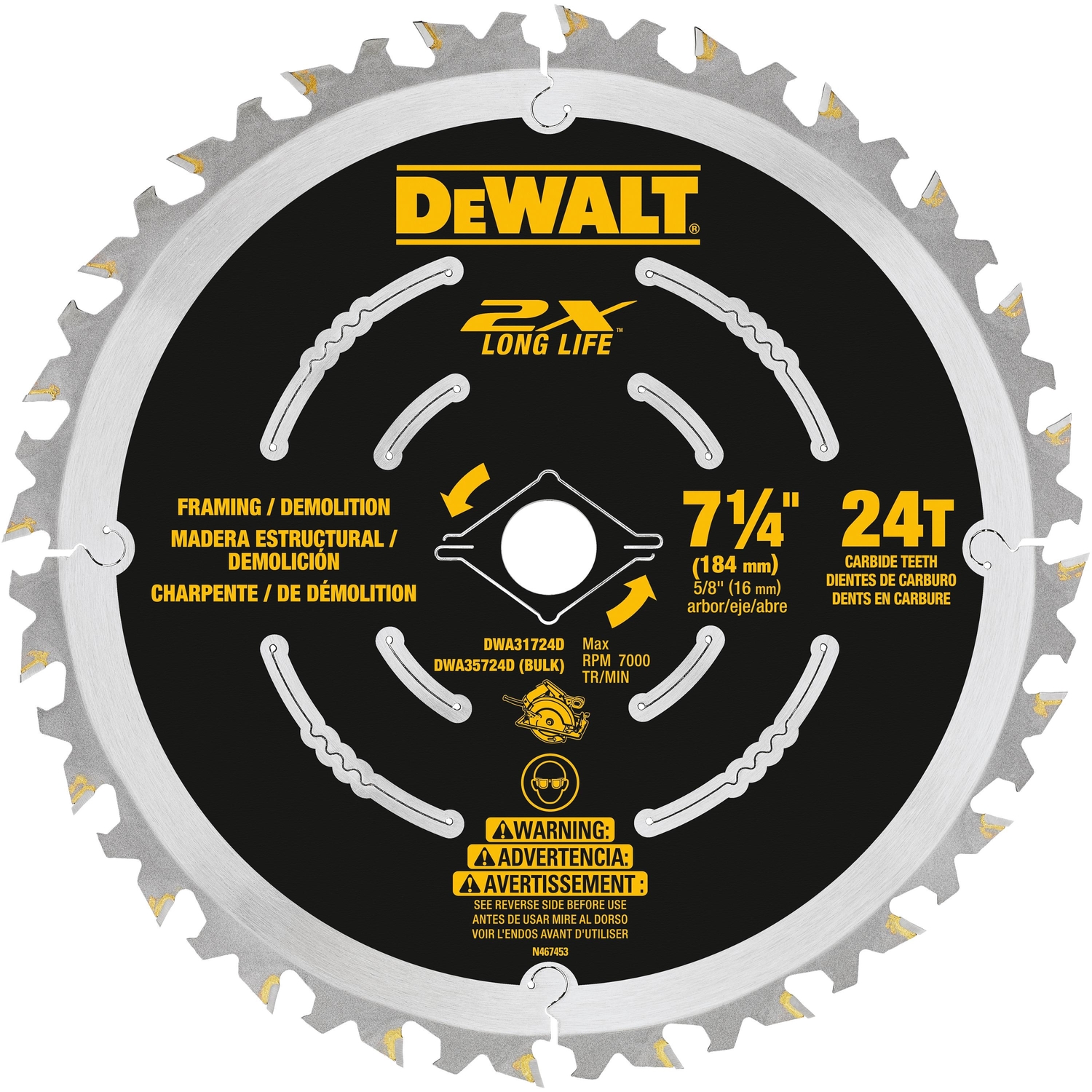 DW 7-1/4 in. D X 5/8 in. Demolition Carbide Saw Blade 24 teeth 1 pk