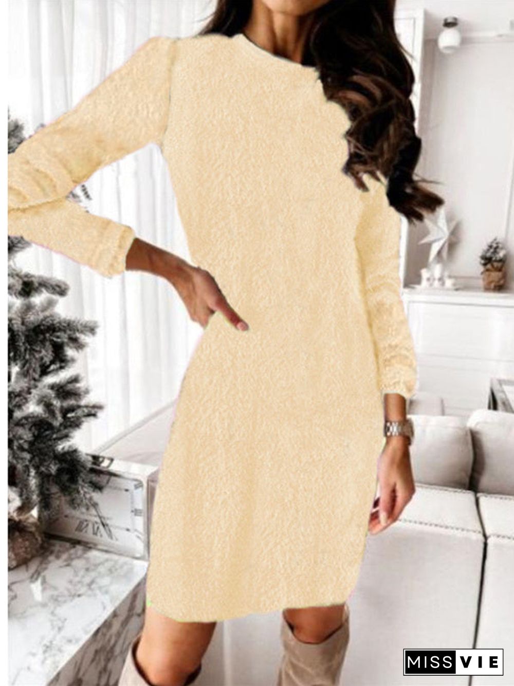 Women Seawter Long Sleeve Scoop Neck Knit Mini Dress