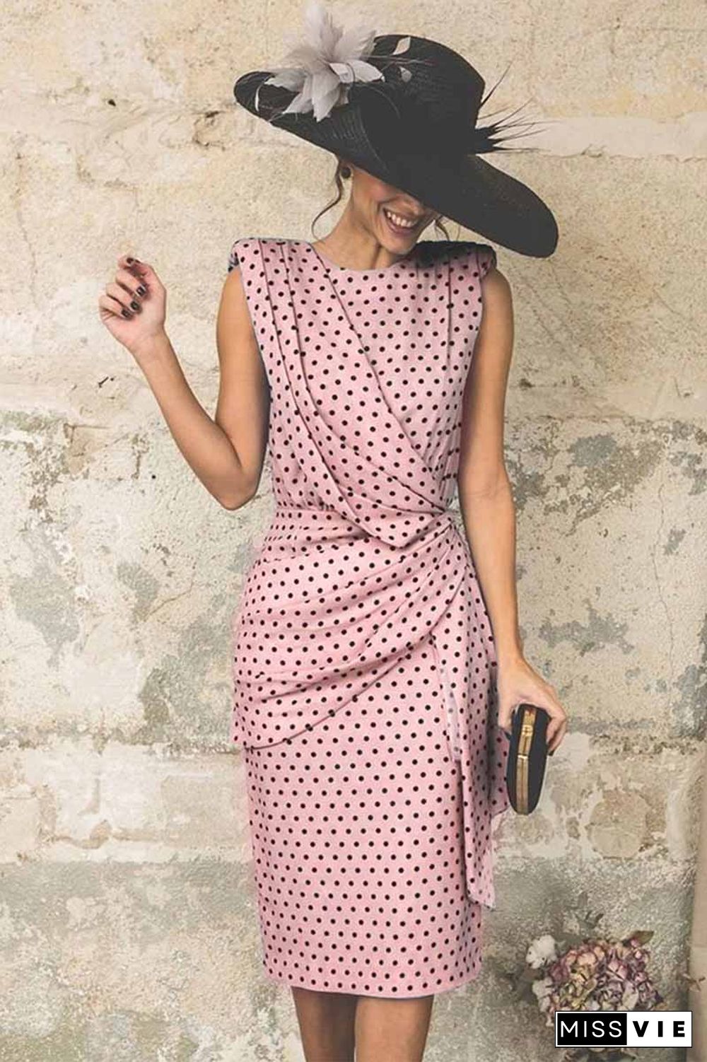 Sexy Polka Dot Pack Hip Sleeveless Midi Dress(4 Colors)