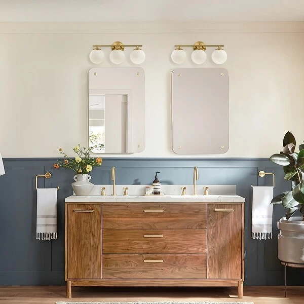 Modern Bathroom Vanity Light with Frosted Glass Shades in Gold Finish