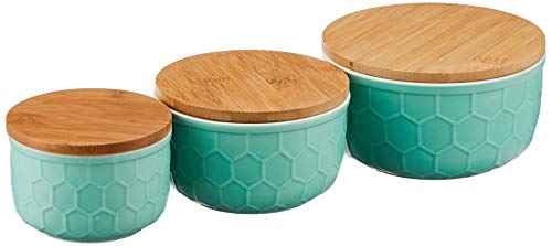 Desert Fields Round Mint Green Stoneware Bowls with Bamboo Lid， 6