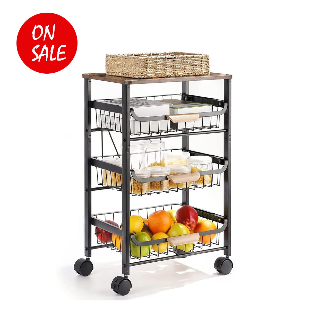 Werseon Kitchen Storage Rolling Cart， Kitchen Cart with Lockable Wheels， 4 Tier Metal Wire Basket Shelf Rolling Storage Cart， Black