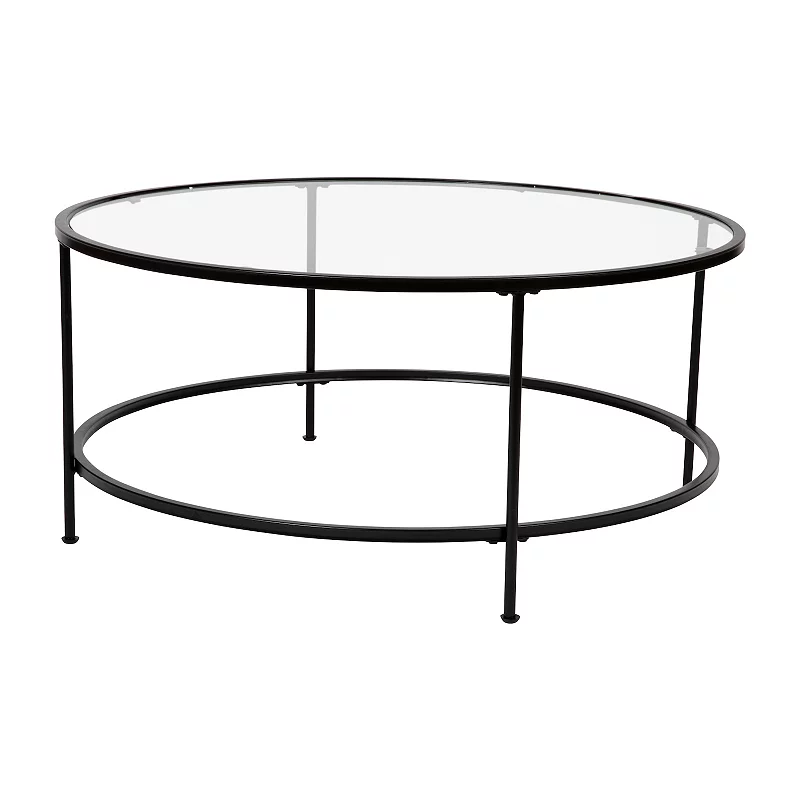 Merrick Lane Newbury Round Glass Coffee Table Set - 3 Piece Glass Table Set with Metal and Vertical Legs