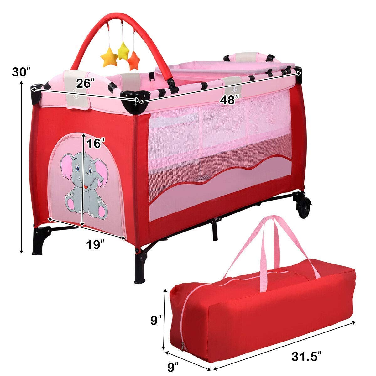 BABY JOY 3 in 1 Pack and Play, Portable Playard with Hanging Toys, 2 Lockable Wheels Diaper Changing Table