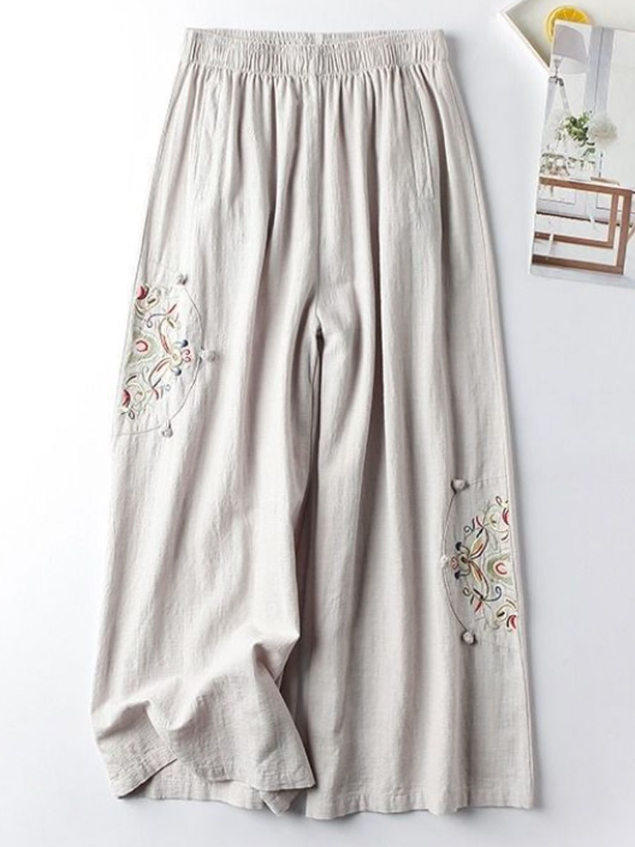 Casual Loose Embroidered Elastic Waist Pants