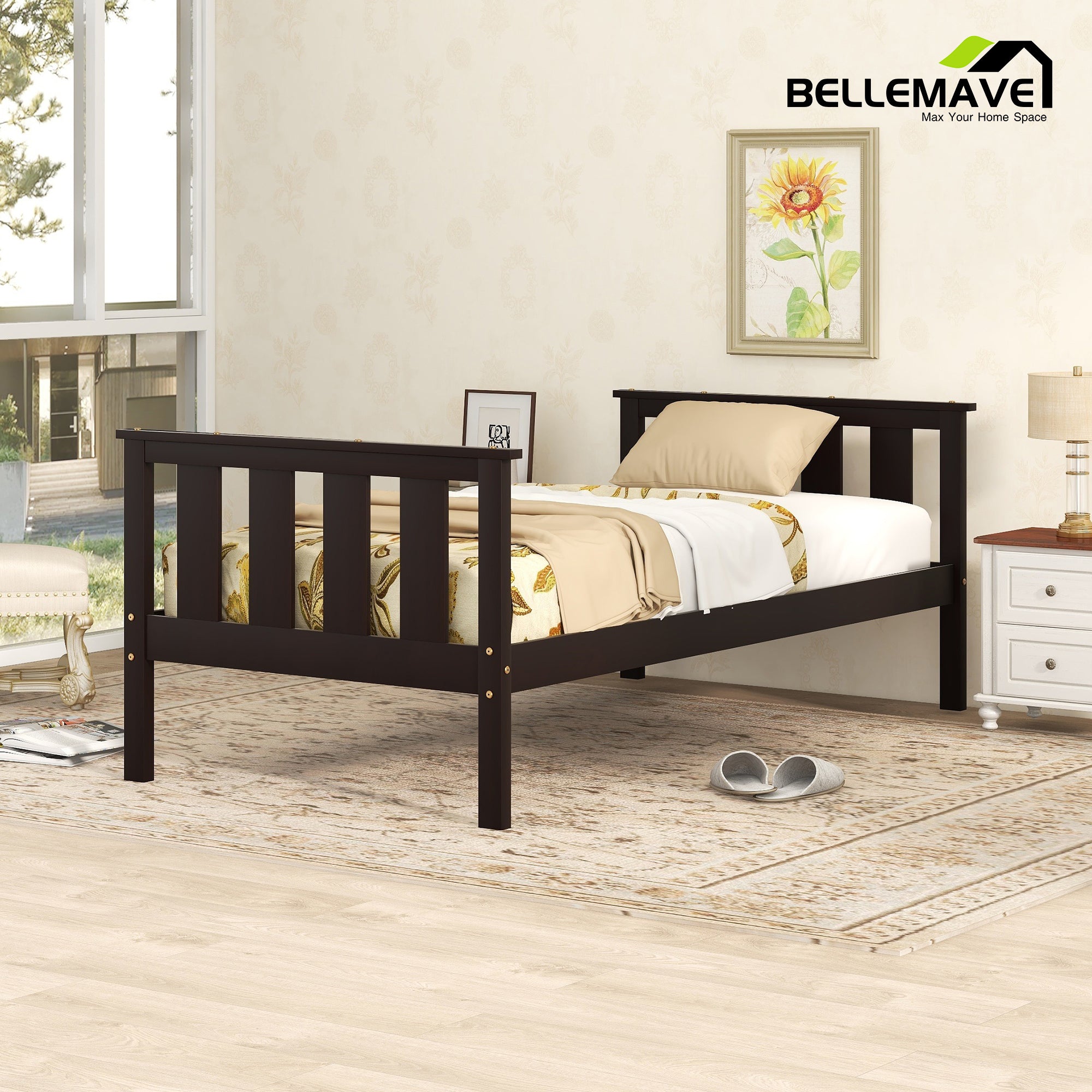 Bellemave Twin Size Platform Bed Frame with Slat Headboard and Footboard, Pine Wood Frame Bed for Kids, No Box Spring(Expresso)