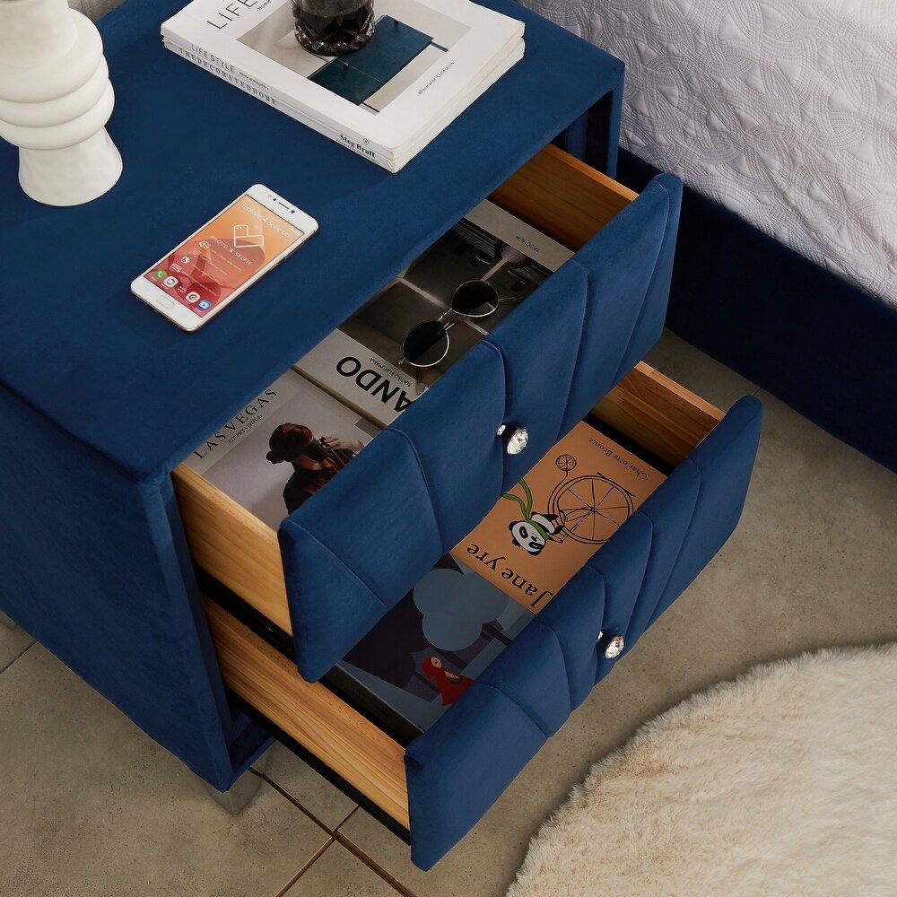 Side Table with 2 Drawer and Stainless steel metal legs  Mid Century Modern Storage Cabinet for Bedroom Living Room Furniture