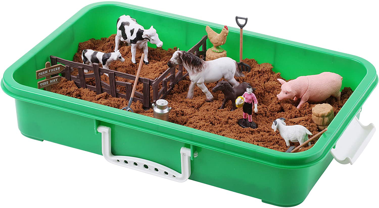 Farm Sand Play Set 28 Figures- Sensory Toys for Kids with 2 lbs of Sand, Farm Animals, Signs, Fences, Trucks and Farm Tools