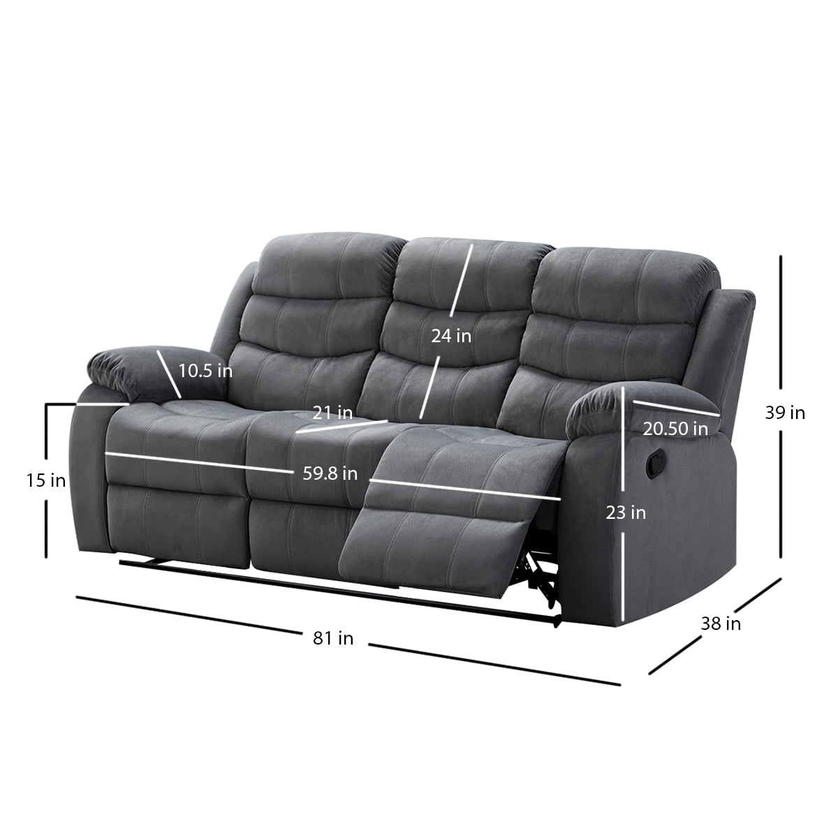 Jim Collection Contemporary Living Room Upholstered Reclining Sofa with 2 Recliners, Grey