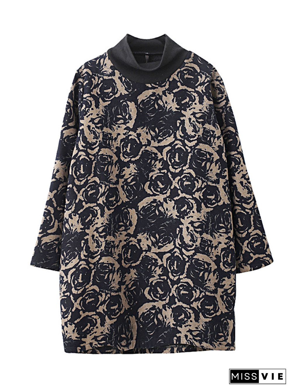 Artistic Retro Loose Long Sleeves Keep Warm Floral Printed High-Neck Mini Dresses