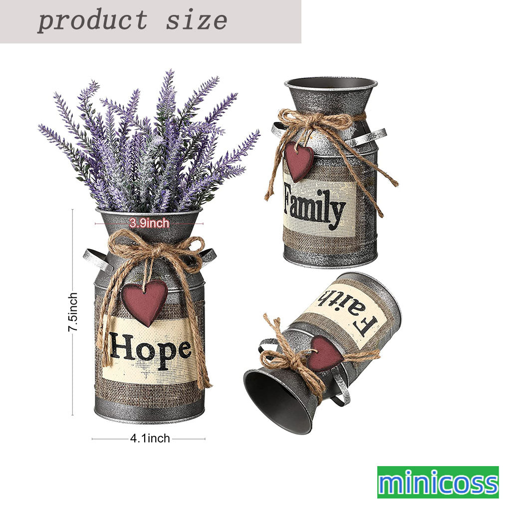 3 Pieces Metal Milk Can Farmhouse Vases Kitchen Decorations Above Cabinets Country Jug Milk Jug Vase for Living Room Bedroom Kitchen Bathroom Table, Hope,