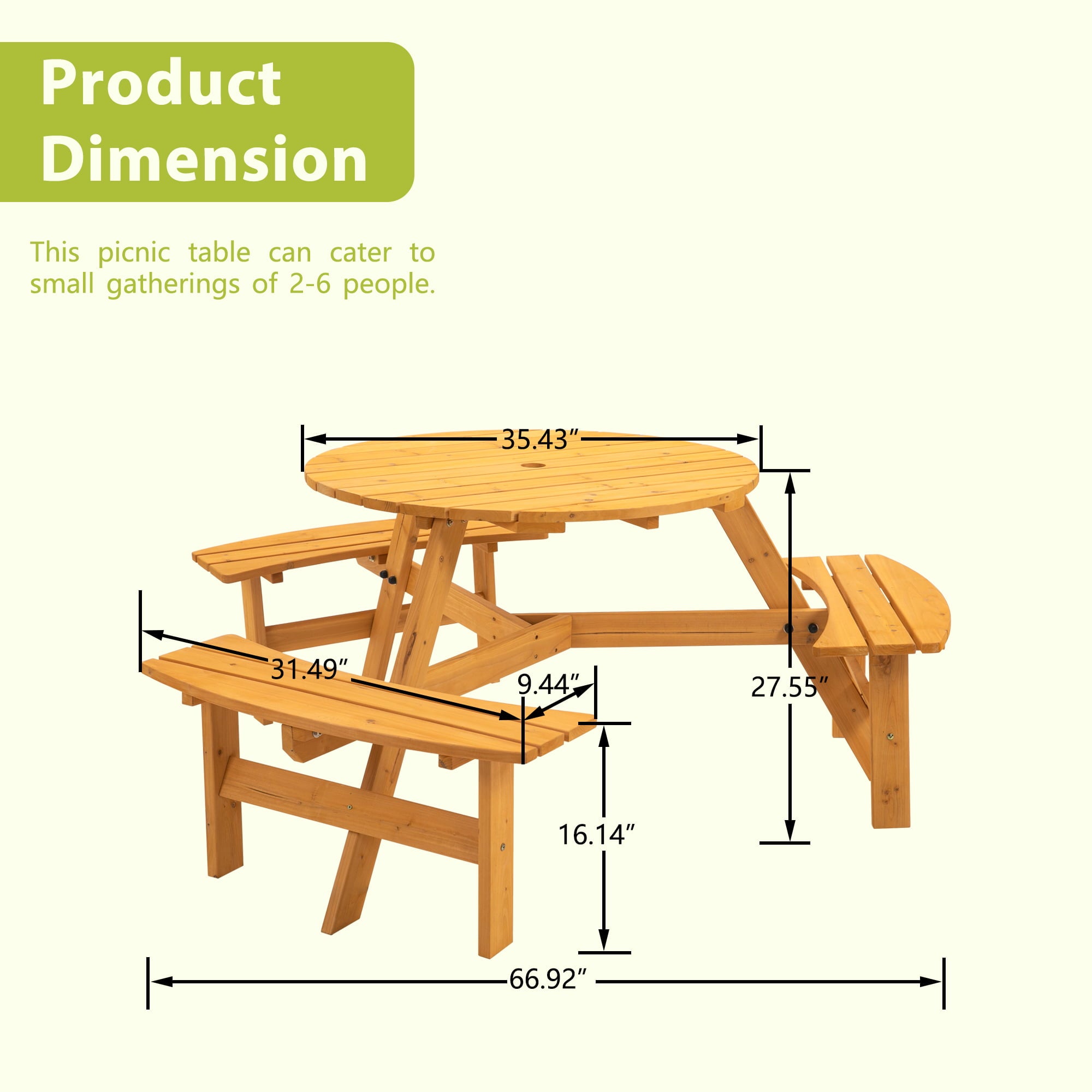 6-Person Circular Outdoor Wooden Picnic Table with 3 Built-in Benches， Natural