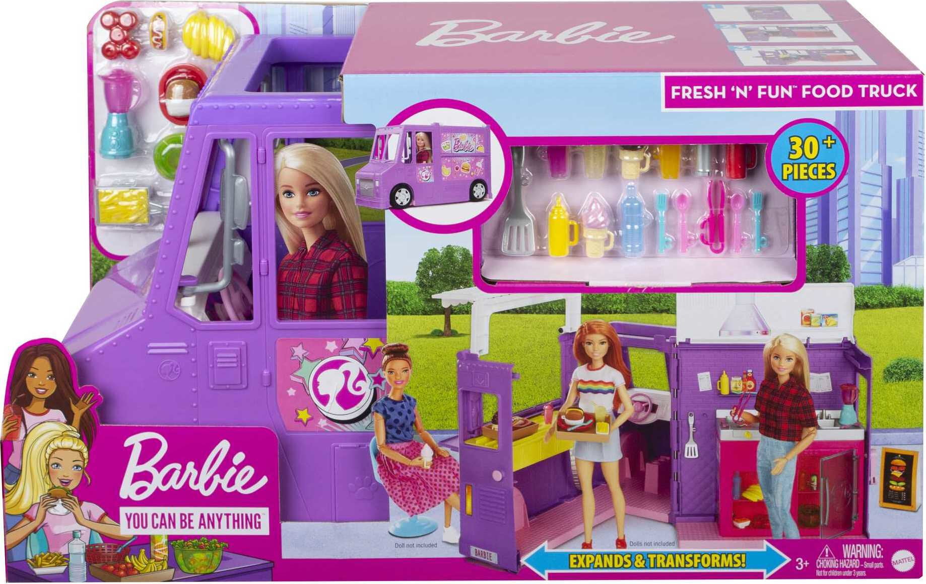 Barbie Fresh 'n Fun Food Truck Playset with Blonde Doll and 30+ Accessories. Lift Side for Kitchen