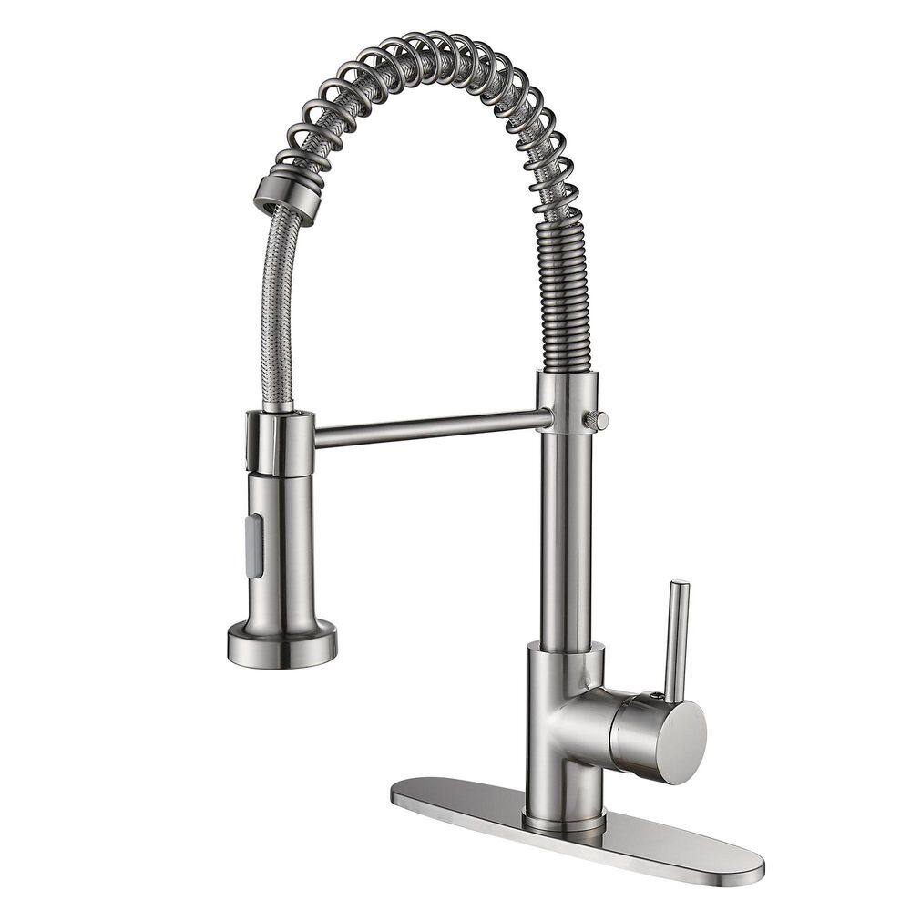 Heemli Spiral tube Single Handle Gooseneck Pull Out Sprayer Kitchen Faucet with Deckplate Included in Brushed Nickel KBN0201N