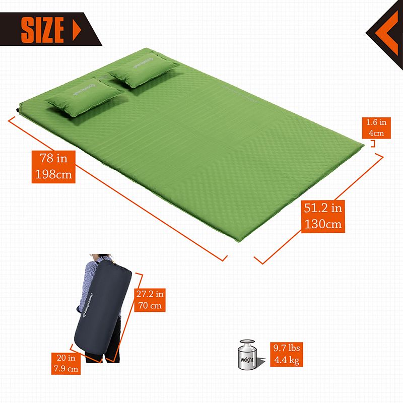 KingCamp Double Self Inflating Camping Sleeping Pad Mat with 2 Pillows， Green