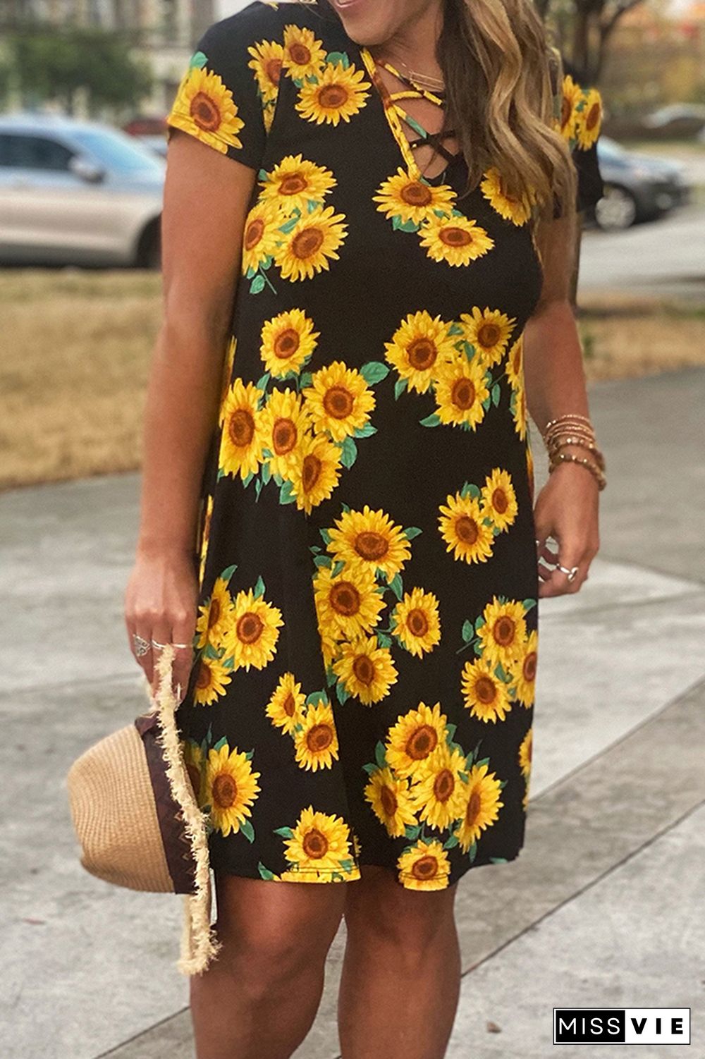 Sunflower Print Criss-cross V-neck Midi Dress