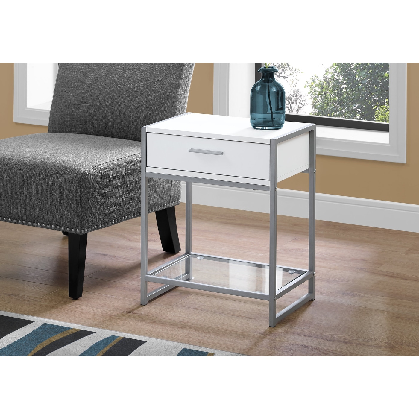 Monarch 3503 White Silver Metal 22nch Accent Table With Tempered Glass