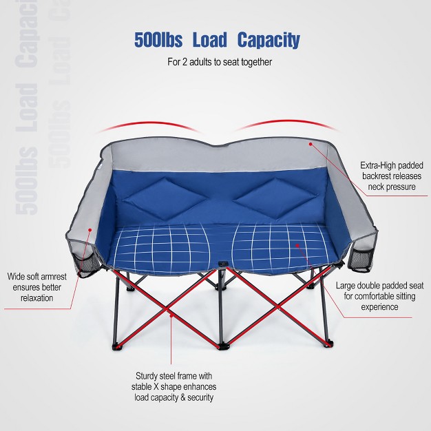 Costway Folding Camping Chair Loveseat Double Seat W Bags amp Padded Backrest Gray blue