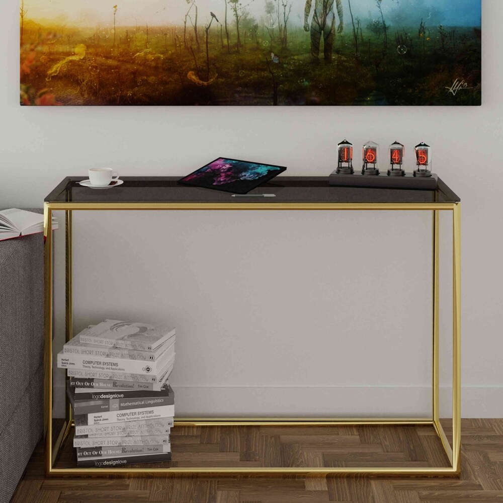 Cortesi Home Jul Console Table in Gold Stainless Steel and Smoked Glass  47\