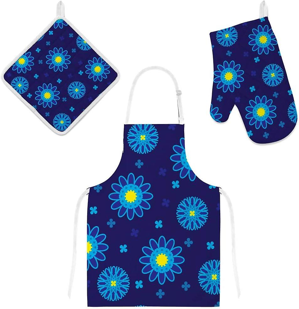 Kitchen Oven Mitts Glove Potholder Apron 3pcs Set Blue Floral Pattern Non Slip Heat Resistant Mitts For Baking Cooking Bbq