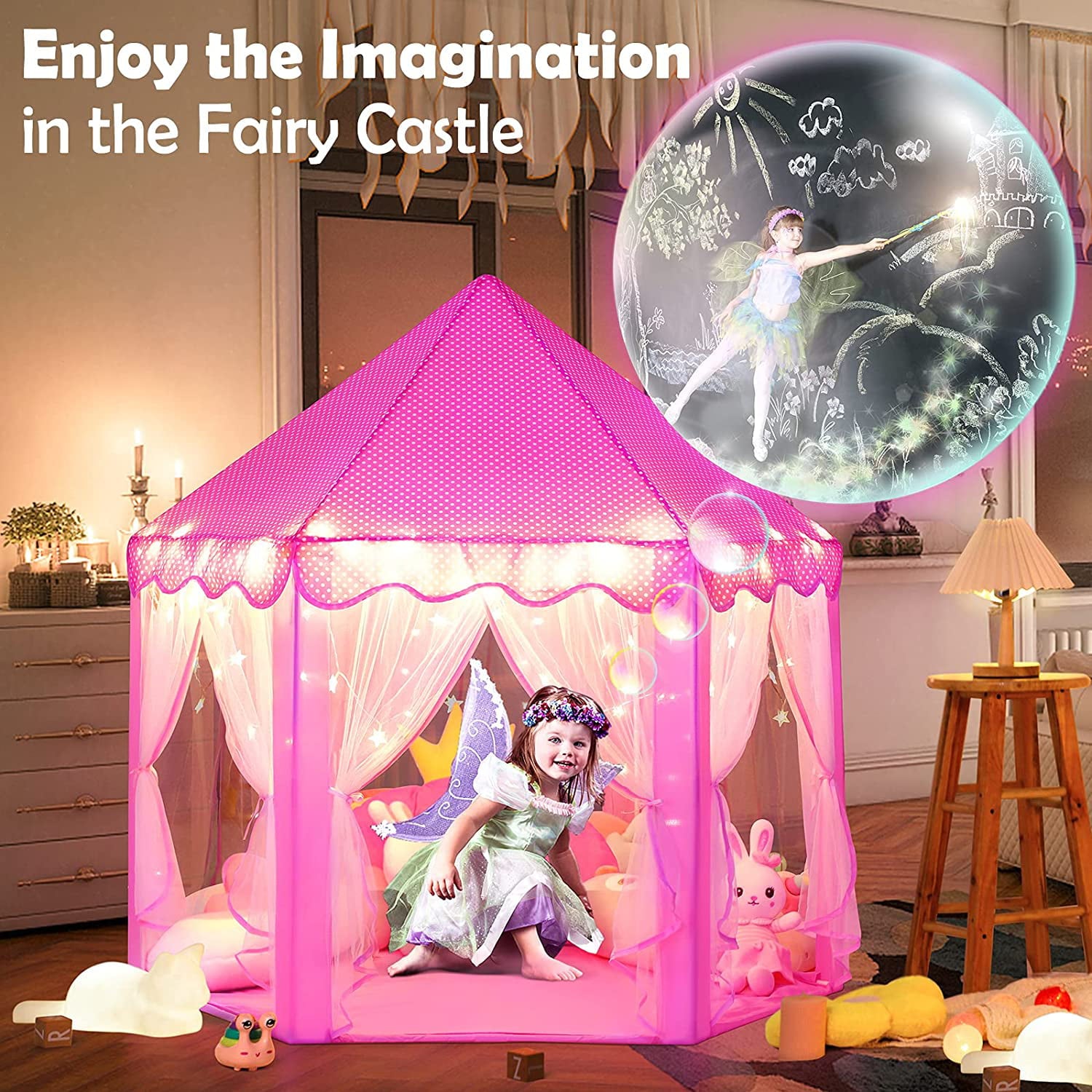 Princess Castle Tent Glow in the Dark, Kids Play Tent Toys for 1 2 3 Year Old Girl, Pop Up Portable Children Teepee Playhouse for Indoor and Outdoor, Gifts for Birthday Party Activities