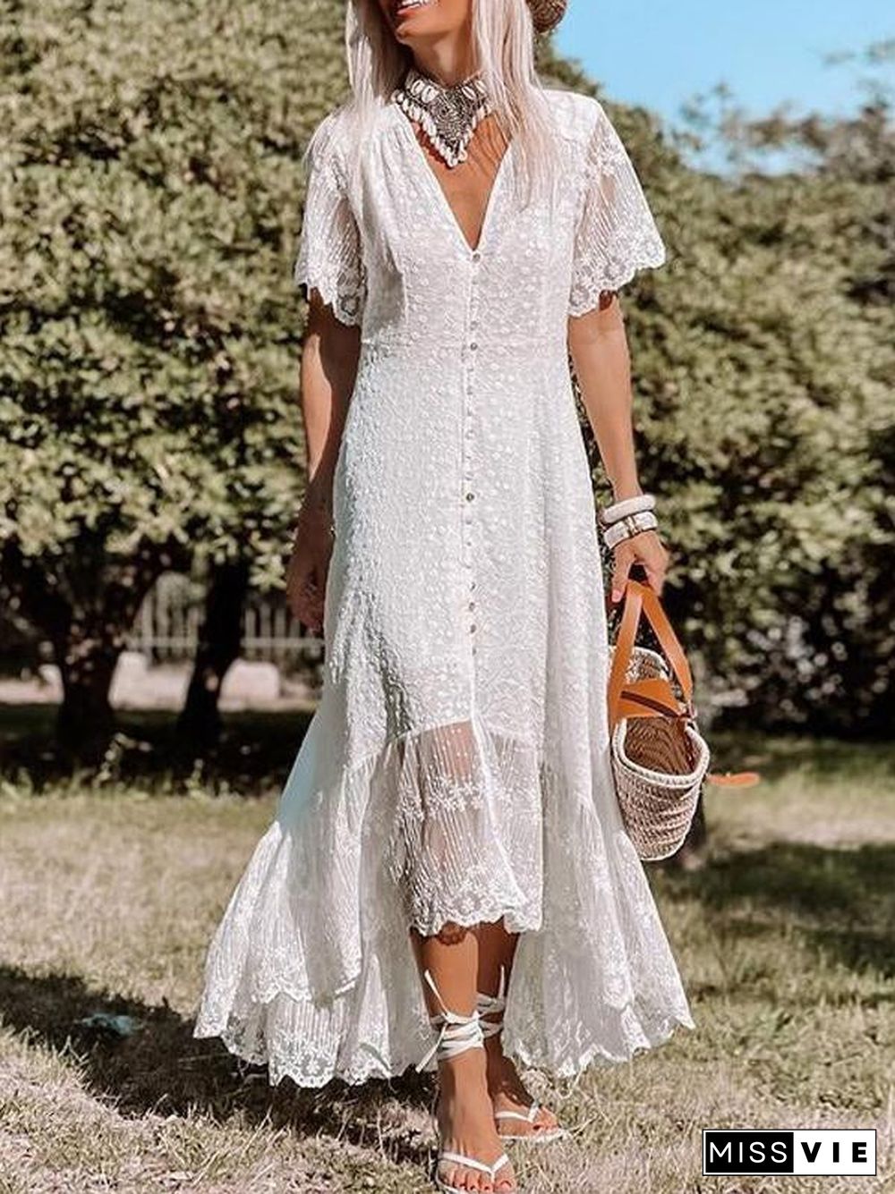 Slim Floral White Lace Dress