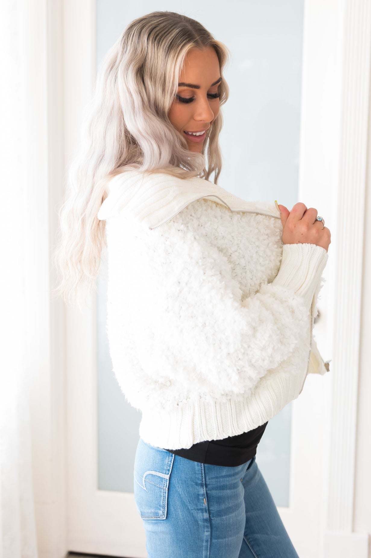 I FALL for you Everyday Modest Fuzzy Chenille Zip-Up