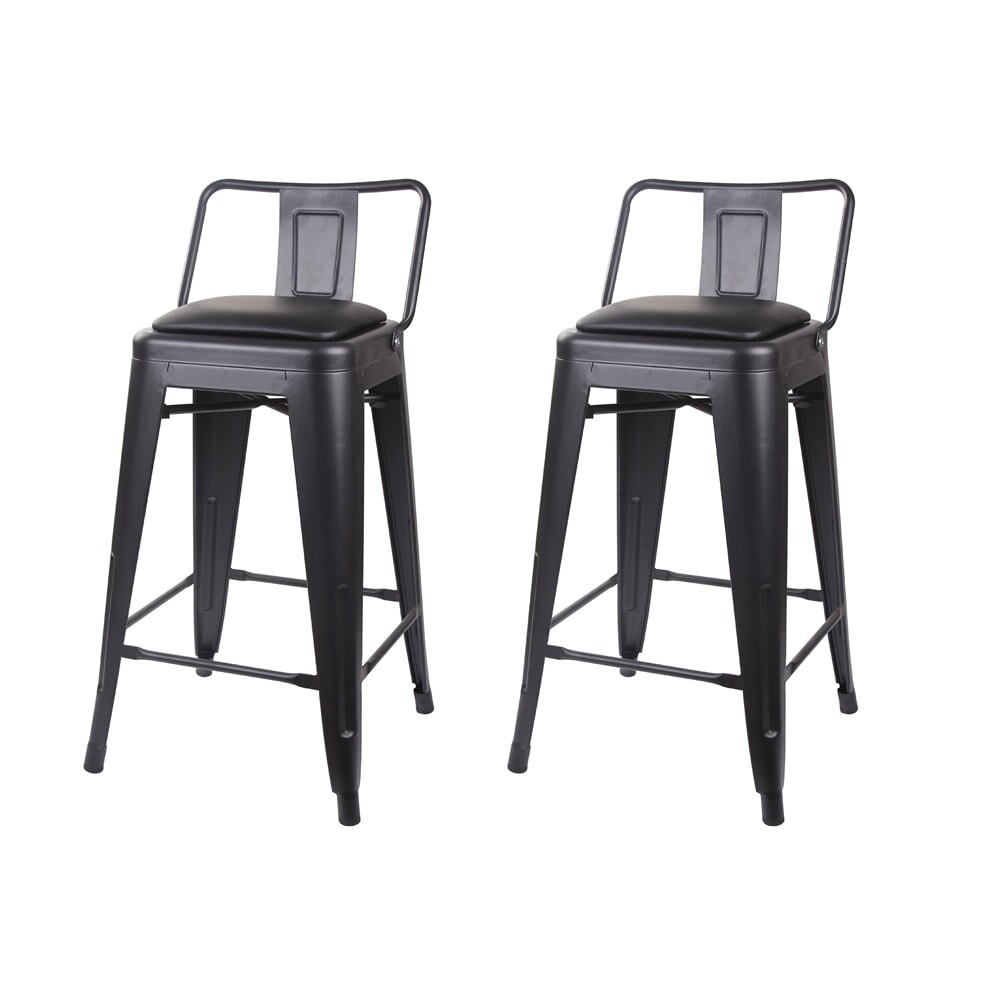 24 Inch Counter Height Low Back Metal Stools with Vegan Leather Seat， Black， Set of 2