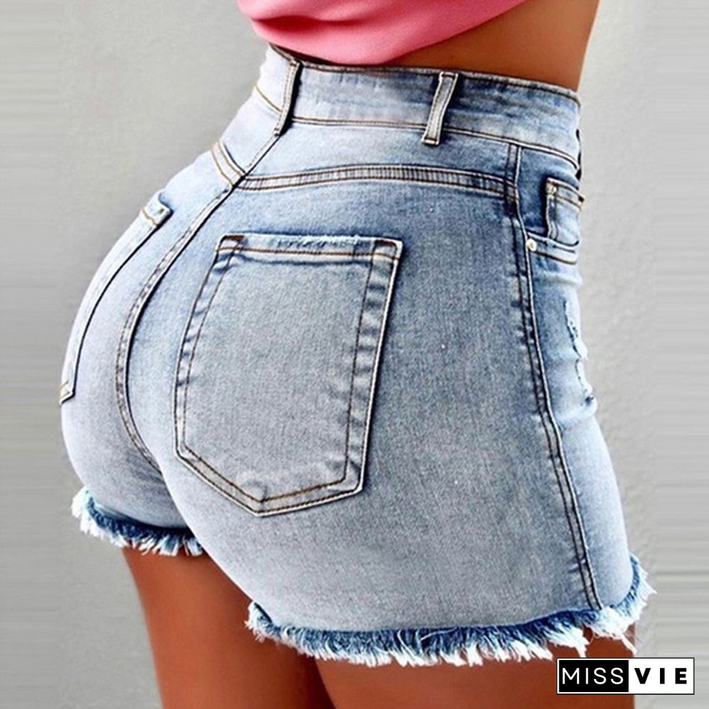 Women's Fashion Denim Shorts Tassel Hole High Waist