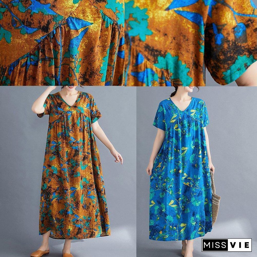 Italian v neck Cinched linen Wardrobes pattern blue print Dresses summer