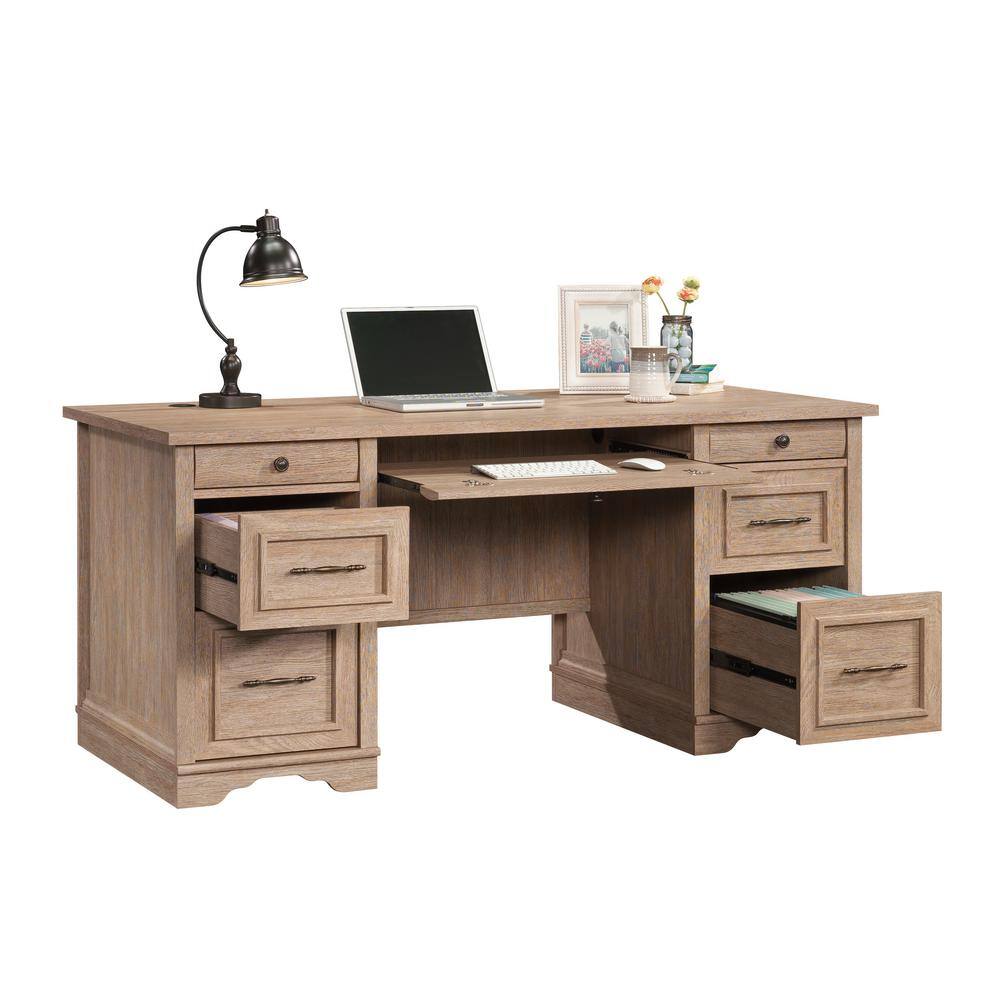 SAUDER Rollingwood Country 65.984 in. Brushed Oak 7-Drawer Executive Desk with Keyboard Shelf 431432