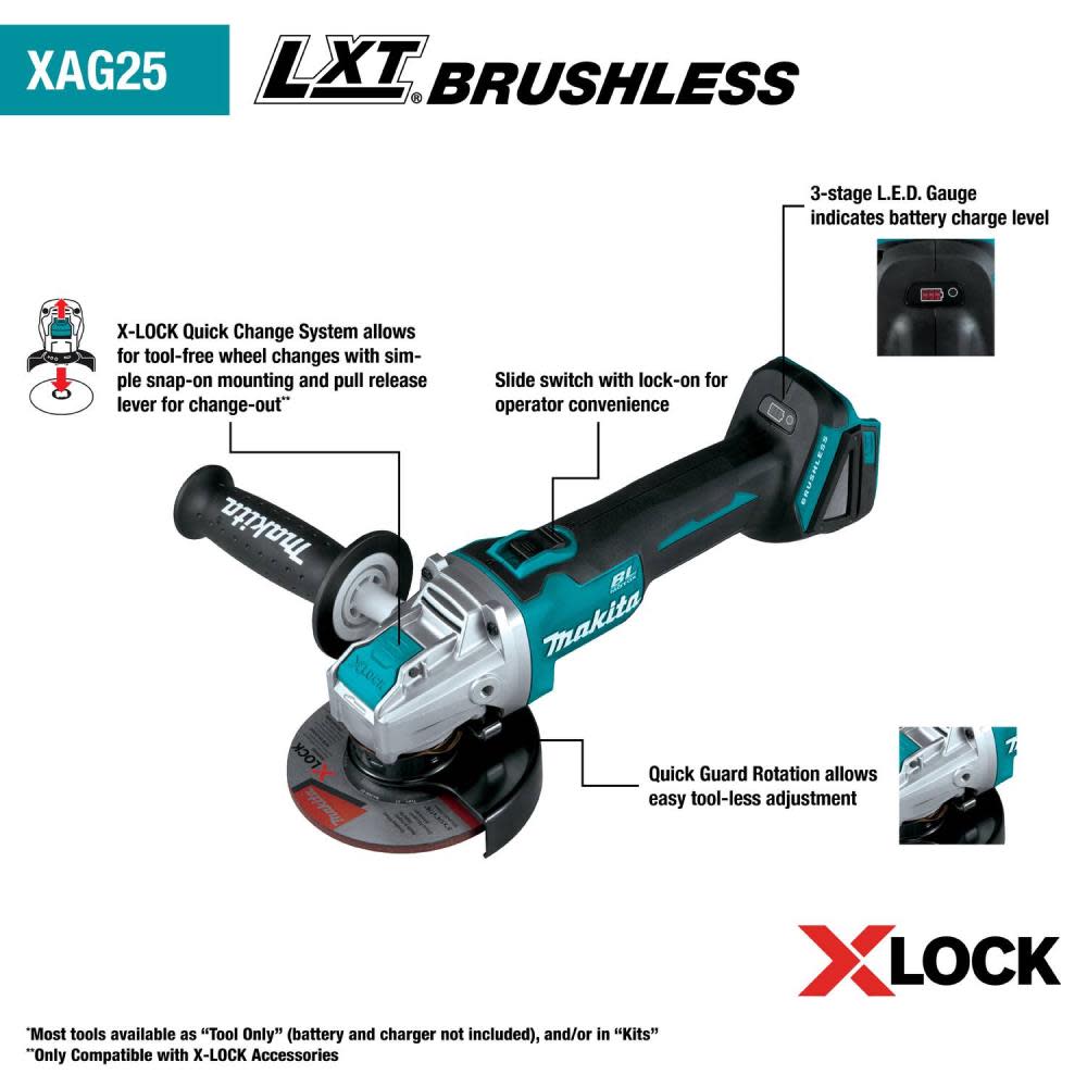 Makita 18V LXT? Lithium-Ion Brushless Cordless 4-1/2” / 5 X-LOCK Angle Grinder， with AFT?， Bare Tool ;