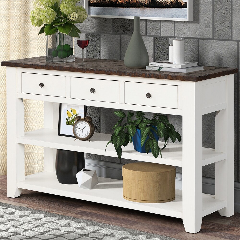 Modern Solid Pine Wood Top Console Table with Drawers and Shelves