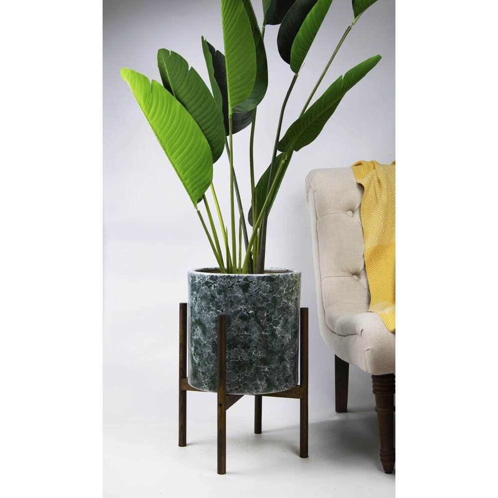 UPshining 13'' Extra Large Mid Century Modern Ceramic Planter Green Marble With Wood Stands