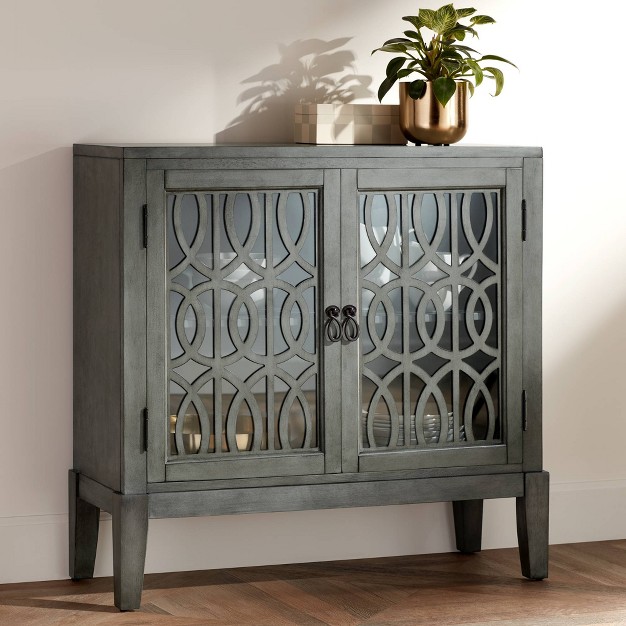 Wide Gray Wood 2 shelf Decorative Cabinet