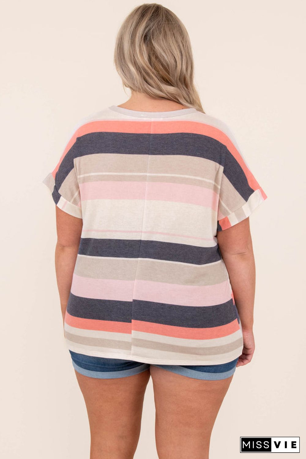 Plus Size Striped Colorblock Print T-shirt