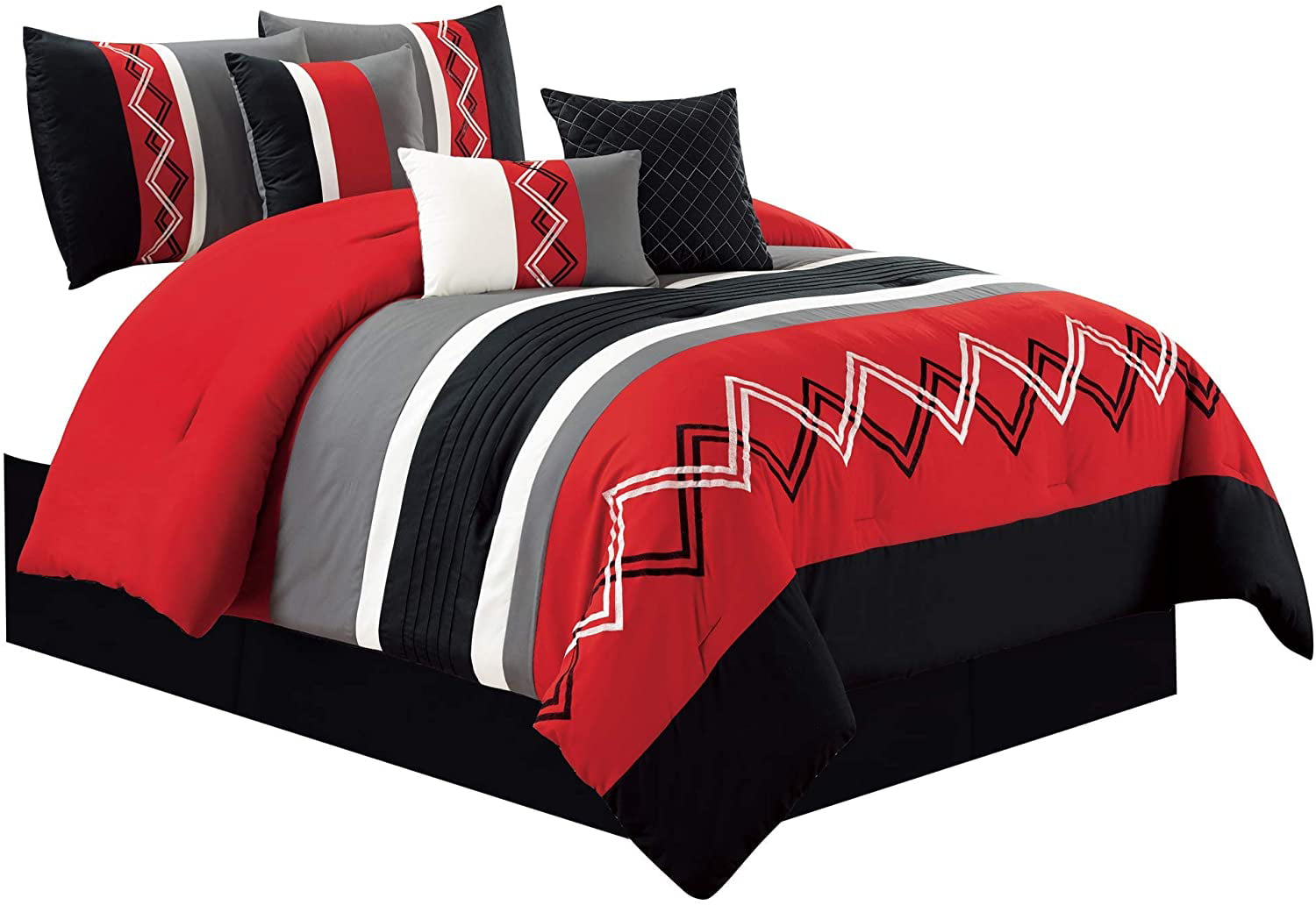 Chezmoi Collection 7-Piece Red/Black/Gray/White Modern Stripe Zigzag Embroidery Comforter Set， Queen